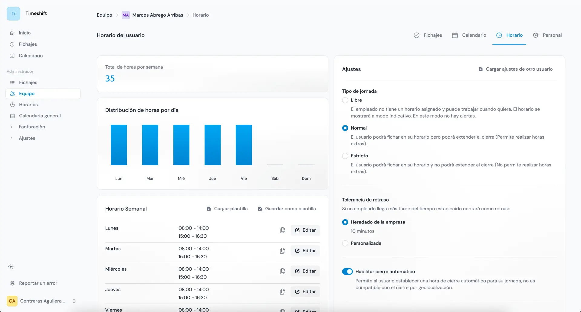 Interfaz de fichajes de TimeShift