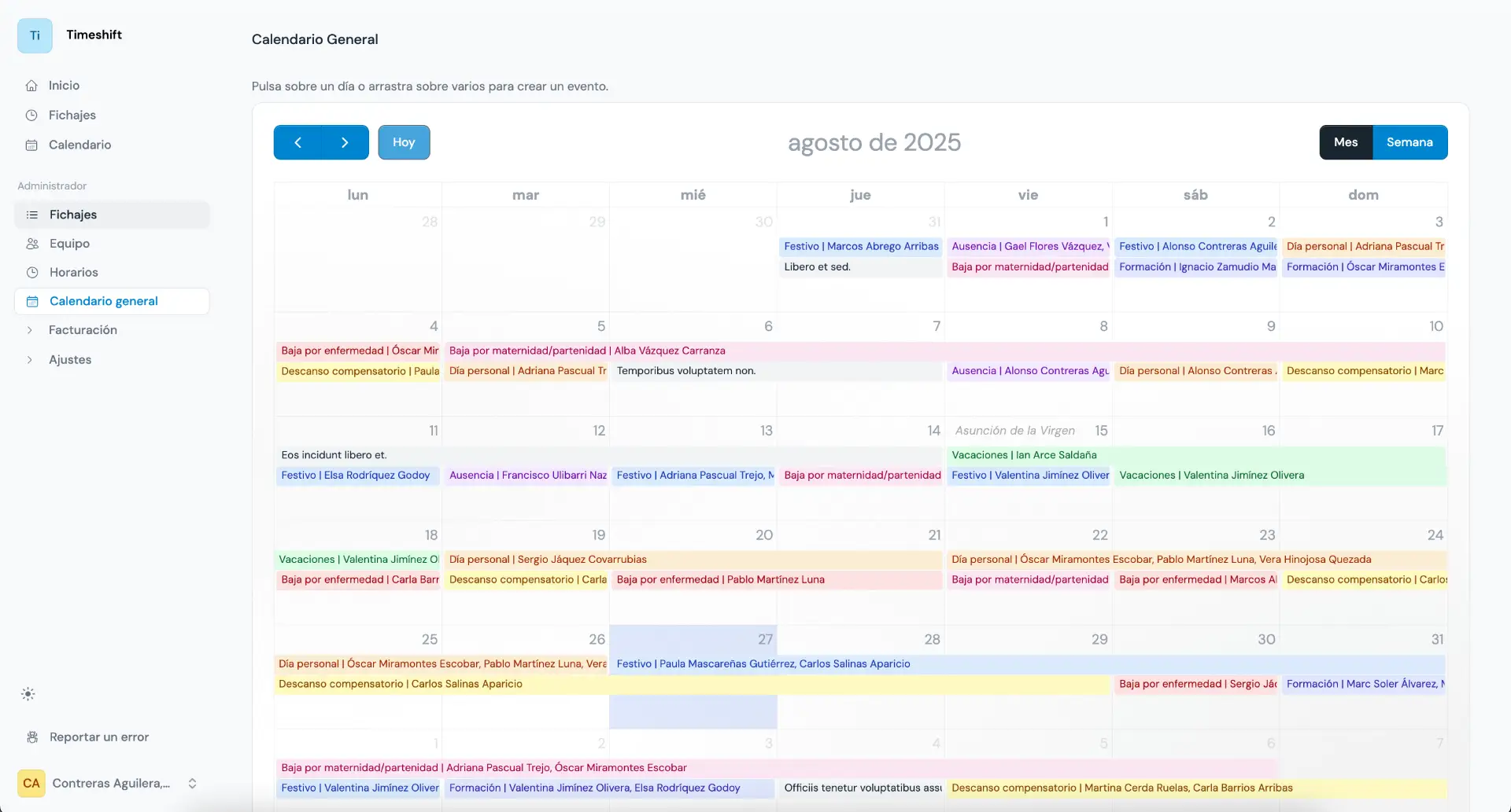Interfaz de fichajes de TimeShift