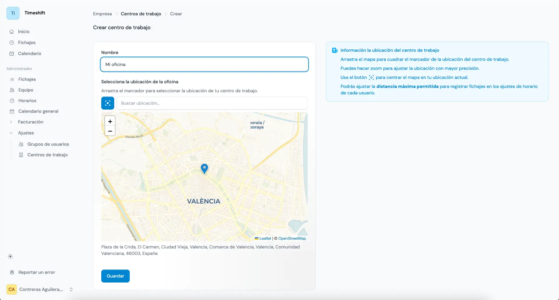 Interfaz de fichajes de TimeShift
